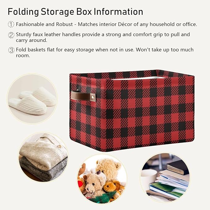 Red and Black Buffalo Plaid Storage Basket Cube Storage Bins Organizer Bag Collapsible Closet Shelf Baskets with handle for Baby Cloth Pet Toy Book 14.2×10.2×8.3 IN-Ruum Studio Home