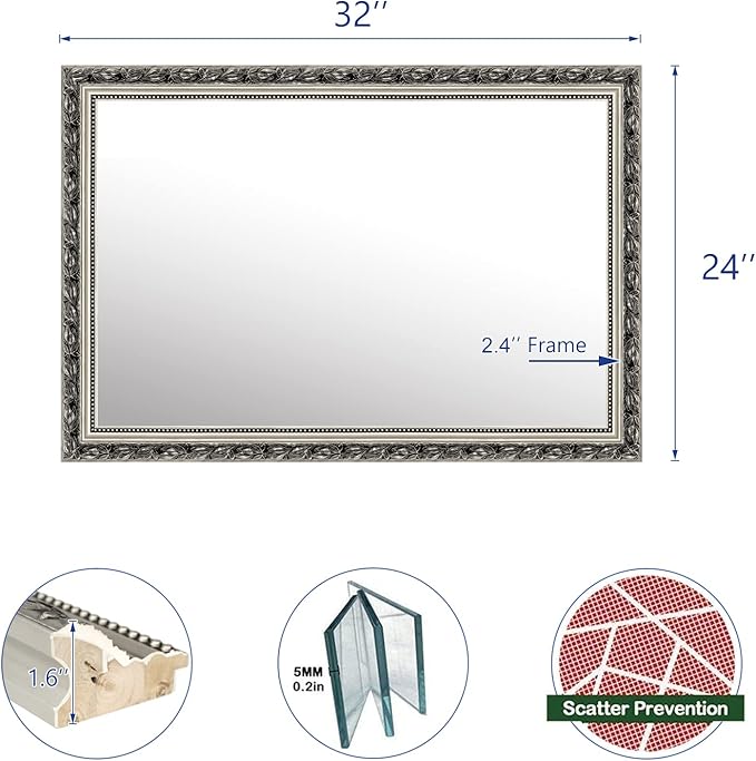 Bathroom Wall Mirror, Decorate Bathroom Mirrors for Wall, Rectangle Modern Bathroom Wall Mounted Mirror Vertical or Horizontal Hanging for Living Room (Silver Frame 32''x24'')-Ruum Studio Home