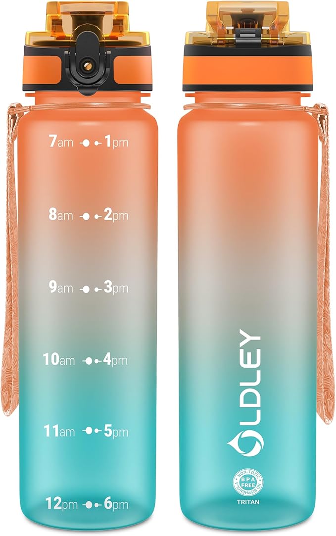 OLDLEY 32 oz Water Bottle, Motivational Water Bottle with Time Marker, Sports Water Bottle With Strap, Leakproof & BPA Free Large Water Bottles for School, Gym, Travel, Outdoor, Tritan,Orange&Green-Ruum Studio Home