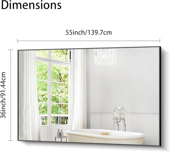 Bathroom Black Mirror, 36x55in Black Rectangle Mirror with Thin Metal Frame, Large Rectangular Wall Mirror for Bathroom, Living Room, Hair Salon, Big Farmhouse Mirror Hang Horizontal/Vertical-Ruum Studio Home
