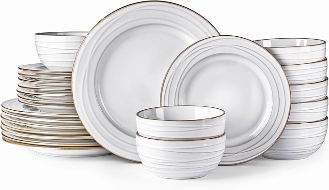 GBHOME Ceramic Dinnerware Sets, 24 pcs Embossed Elegant Stoneware Plates and Bowls Sets, Housewarming Wedding Gift | Dishwasher & Microwave Safe | Dishes Set Service for 8-Ruum Studio Home