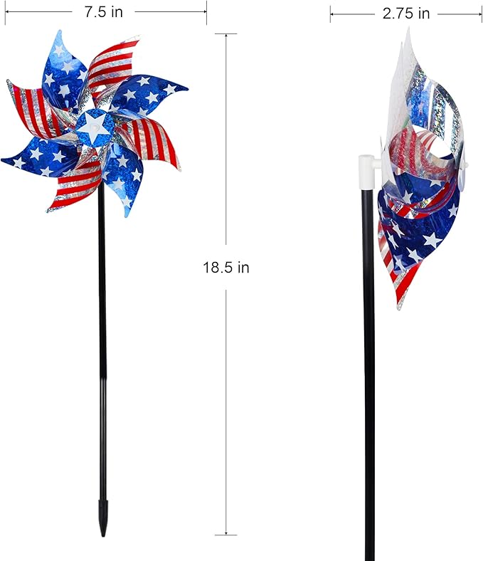 Hausse 10 Pack Reflective Pinwheels Patriotic Decorations, American Flag on Stick Wind Spinner with Stake for Independence Day, Memorial Day July of 4th Party Supplies, Scare Birds Repellent Devices-Ruum Studio Home