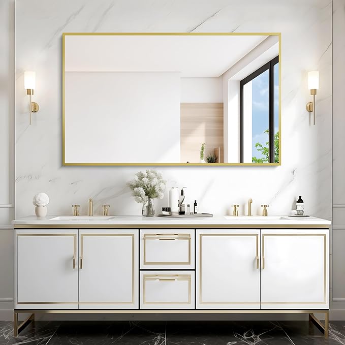 Gold Bathroom Mirror for Wall, 30x48 Inch Rectangle Mirrors with Metal Frame, Modern Vanity Wall Mirror Decor for Bathroom Living Room, Entryway Hangs Horizontal or Vertical-Ruum Studio Home