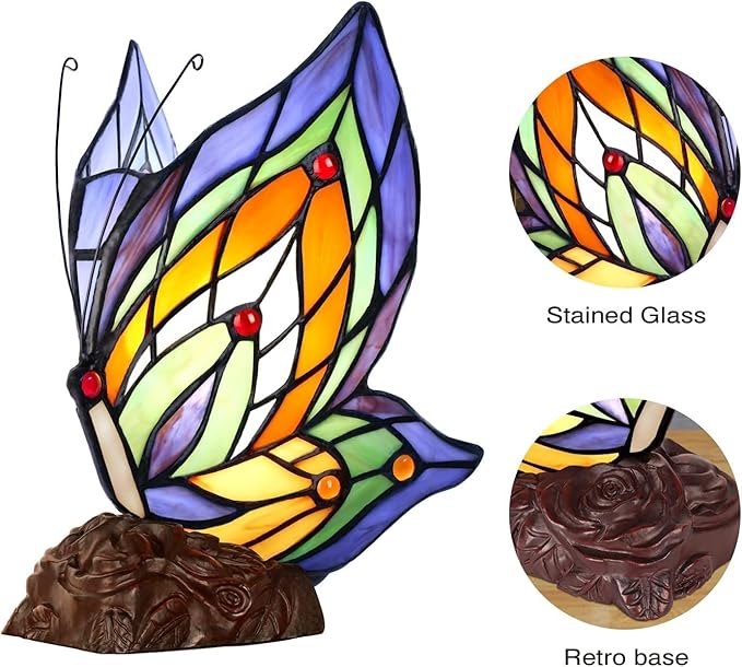 Tiffany Butterfly Table Lamp, 9'' Tall Vintage Stained Glass Lamp, Fairy Reading Night Light for Bedroom Living Room, 1 LED Bulb Included-Ruum Studio Home