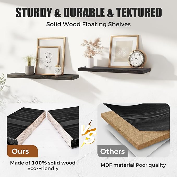 24"x6.8"x1.2" Solid Wood Floating Shelves 2-Pack - Rustic Black Finish with Hidden Brackets, Perfect for Storage and Décor in Living Room, Kitchen, Bedroom-Ruum Studio Home