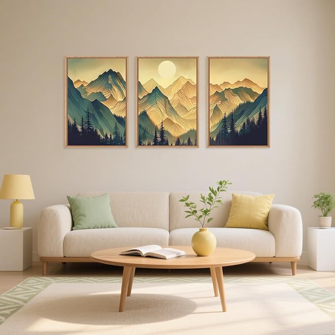 Celestdeco Mountains Forests Framed Canvas Wall Art Set, Abstract Sun Woodland Painting, Boho Scenery Sun Wall Decor, Natural Woodgrain Art Print for Living Room, Bedroom, Dining Room, Office - 16"x24"x3-Ruum Studio Home
