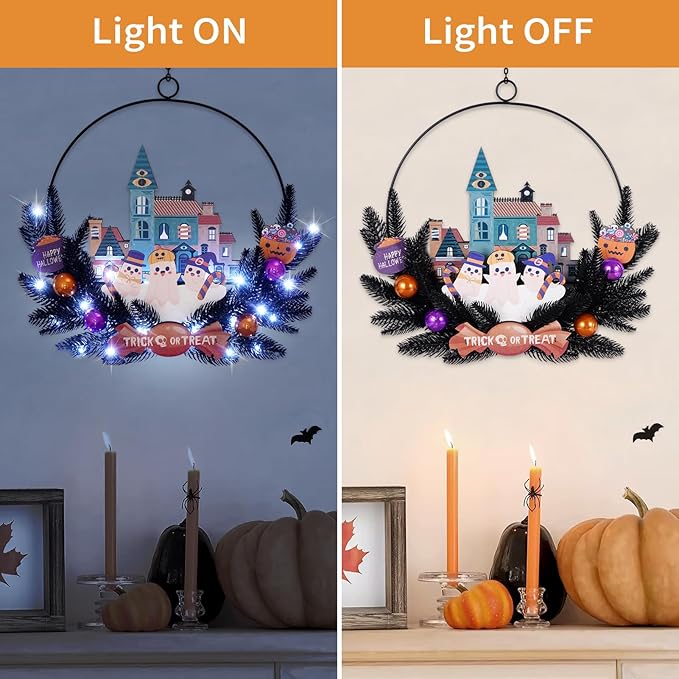 Lighted Halloween Wreaths for Front Door, Welcome Metal Wooden Door Wreath Decor Hanging Sign, 30 LED Lighted Wall Decor Battery Operated for Halloween Indoor Outdoor (Ghost)-Ruum Studio Home