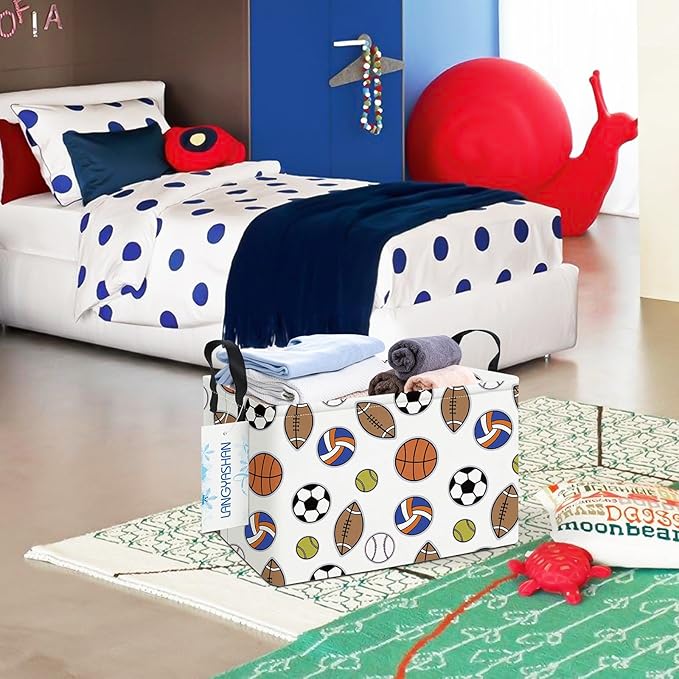 LANGYASHAN Rectangular Storage Bin Collapse Canvas Fabric Cartoon Storage Basket with Handles for Organizing Home Kitchen Boys and Girls Toys Office Closet Shelf Baskets (Rec Colorful Balls)-Ruum Studio Home
