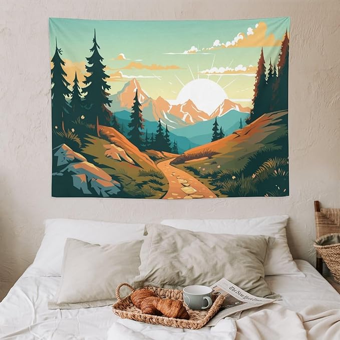 HZOHNAGO Mountain Tapestry Forest Mountain Sunrise Road Pattern Printed Wall Tapestry Wall Hanging for Bedroom Living Room Dorm 40" W x 30" H-Ruum Studio Home