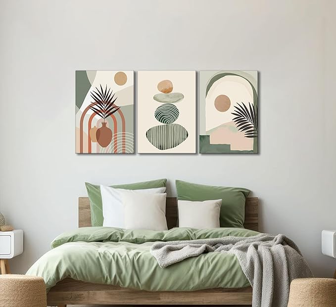 3 Pcs Mid Century Modern Boho Abstract Canvas Wall Art Neutral Green Bohemia Sun and Plant Pictures Wall Decor Posters Print Artwork for Living Room Bedroom Bathroom Office Home Decoration-Ruum Studio Home