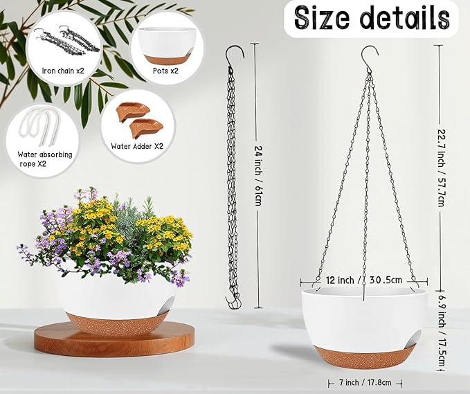 2 Pack 12 Inch Large Hanging Planters with Chains Self Watering White Brown Plastic Hanging Pots for Indoor Outdoor Plants, Garden Porch Home Decor，White Brown-Ruum Studio Home