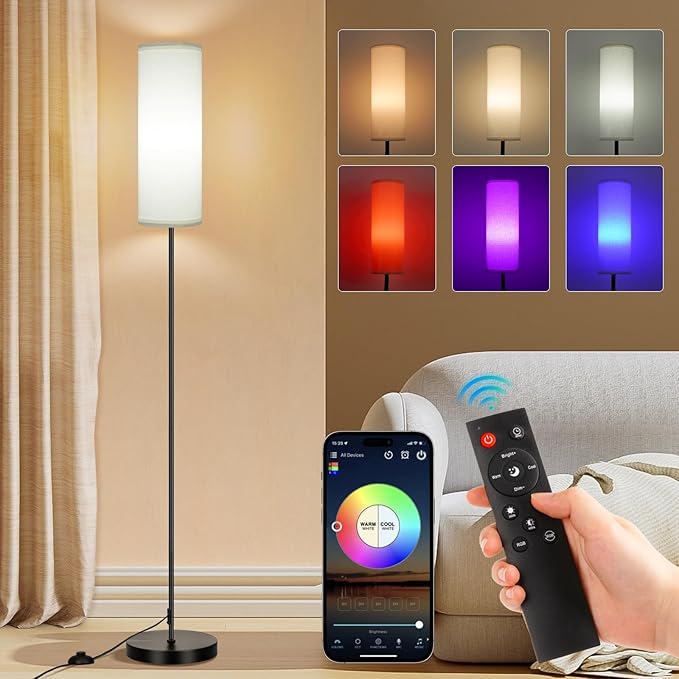 FRIDEKO HOME Floor Lamps for Living Room, Dimmable Colors Temperature & Brightness, Modern Floor Lamp Remote, Tall Standing Lamps for Kid Room Bedroom Office, White Lampshade 9W RGB Smart Bulb-Ruum Studio Home