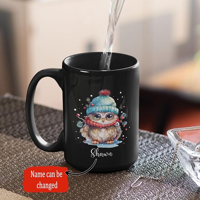 Winter Owl Design Coffee Mug - Custom Christmas Animal Black Cup, Personalized Name Themed 11oz 15oz Ceramic Cup for Owl Lovers, Xmas Decorative Gift-Ruum Studio Home