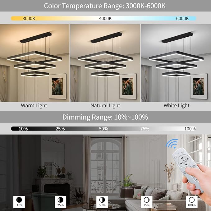 Modern LED Square Chandelier, 3 Ring Dimmable for Living, Dining, Bedroom & Foyer - High Ceiling Hanging LED Pendant Light Fixture (Black)-Ruum Studio Home
