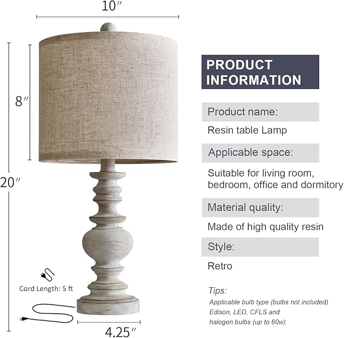 BOBOMOMO Tradition 20" Rustic Table Lamp Set of 2 for Living Room Bedroom Bedside Desk Lamps Bedroom Nightstand Vintage Lamps Linen（Suitable for Decorating Small Areas）-Ruum Studio Home