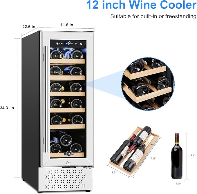 Tylza 12" Wine Cooler Refrigerator 18 Bottle Capacity, Compact Freezerless, Temperature Stability, Low Noise, Double-Layer Tempered Glass Door-Ruum Studio Home