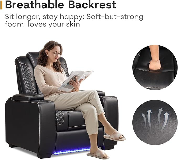 ANJ Power Home Theater Seating Set of 2, PU Leather Electric Recliner Chair with Powered Headrest, Dual Motors Movie Reclining Chairs with LED Lights,USB Port, Cup Holders, Hidden Arm Storage (Black)-Ruum Studio Home