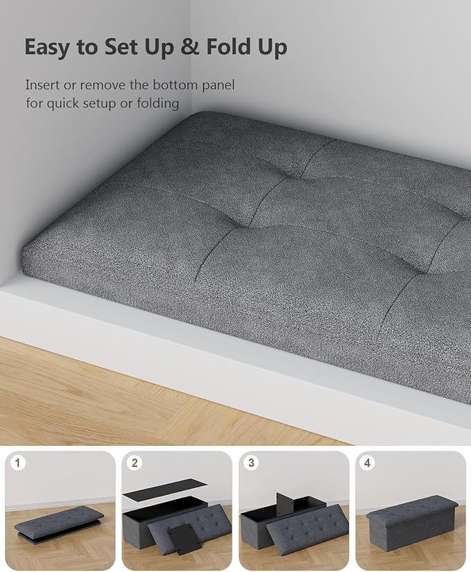 Storage Ottoman Bench, Folding Ottoman Foot Rest, 15 x 43 x 15 Inches, End of Bed Bench, Storage Chest, for Living Room, Bedroom, Hallway, Entryway, Holds up to 700 lb,Dark Gray-Ruum Studio Home