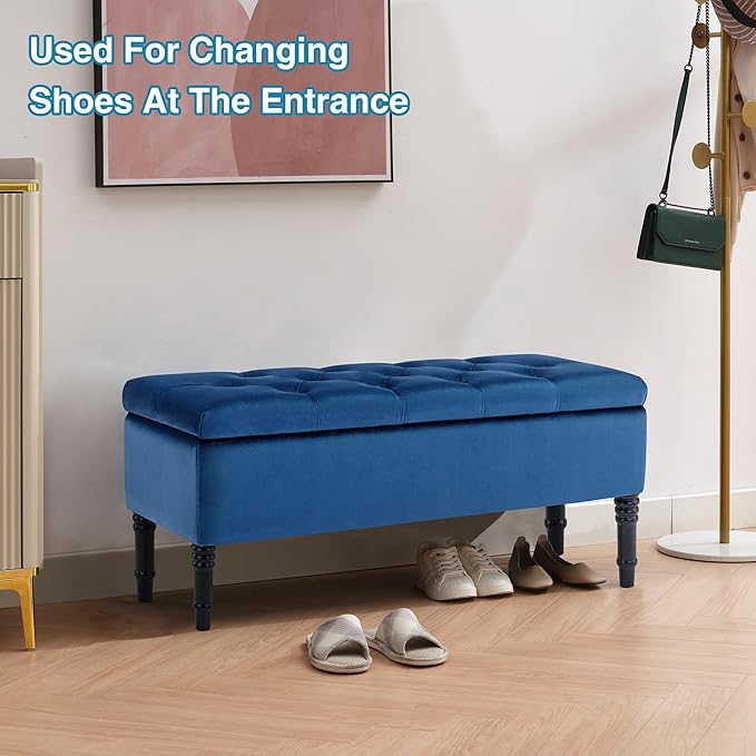 Ottoman with Storage Velvet Storage Bench Holds Up to 500 lbs Ottomans Upholstered Bench with Seating for Bedroom, Living Room, Blue-Ruum Studio Home
