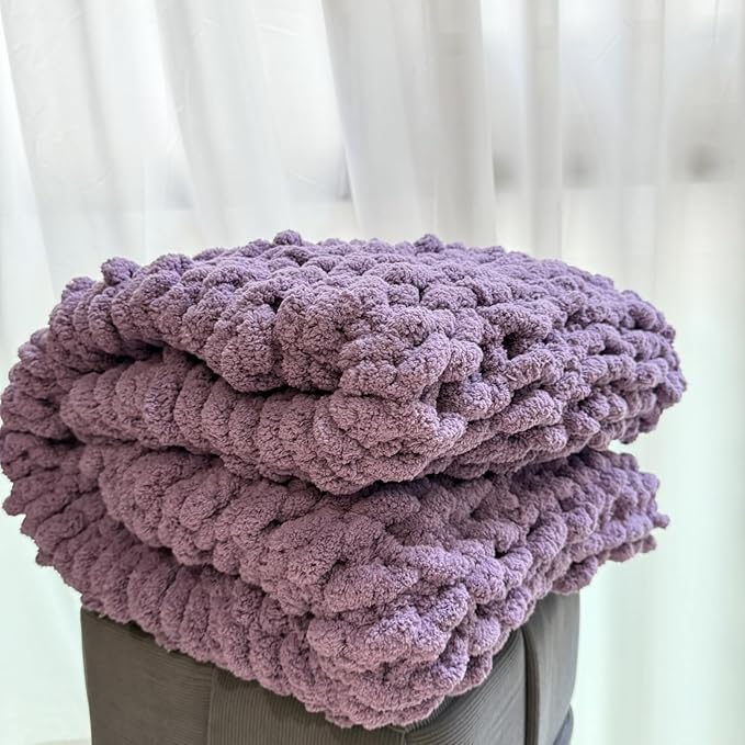 Chunky Knit Blanket Throw 48"x71", Chenille Throw Blankets, Handmade Warm & Cozy Blanket Couch Bed Home Decor, Soft Breathable Fleece Banket, Christmas for Couch Bed Sofa Best Gift (Purple)-Ruum Studio Home