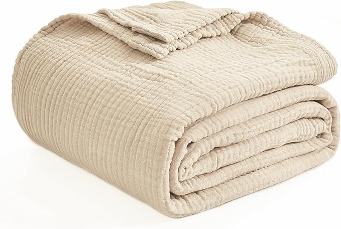 EMME Cotton Throw Blanket for Couch Soft Muslin Blankets 50"x60" Lightweight Breathable Blanket All Season Gauze Blanket, Light Tan-Ruum Studio Home