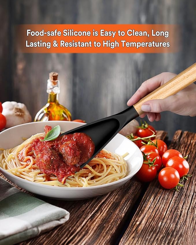 Cooking Spoon for Nonstick Cookwares, Great for Cooking and Serving Sturdy BPA-Free Matte Silicone, Wood Handle Spoon for Mixing, Scoop, and Scrape (Black & Grey, 13.4 inch)-Ruum Studio Home