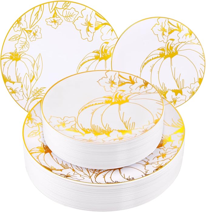FLOWERCAT 60PCS Thanksgiving Plates & Gold Pumpkin Plates - Including 30PCS 10.25inch Thanksgiving Dinner Plates and 30PCS 7.5inch Thanksgiving Dessert Plates for Giving Thanks Theme Party-Ruum Studio Home