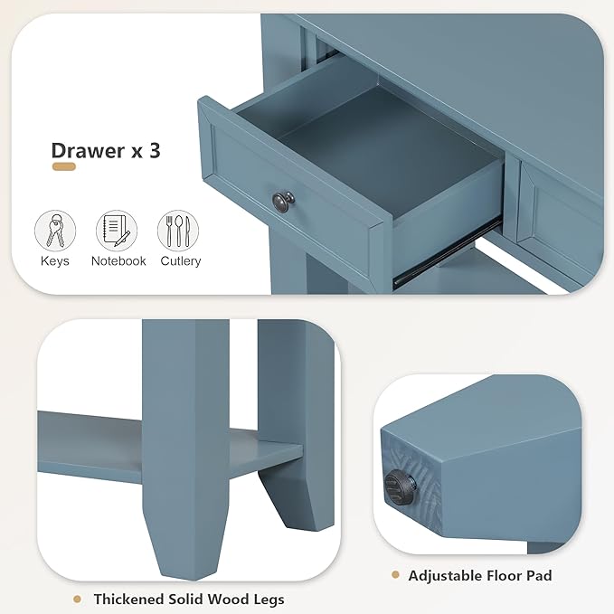 Farmhouse Modern Entryway Console Table 55.4'' Long Entry Sofa Table with Drawers & Storage Shelf for Living Room Hallway, Blue-Ruum Studio Home