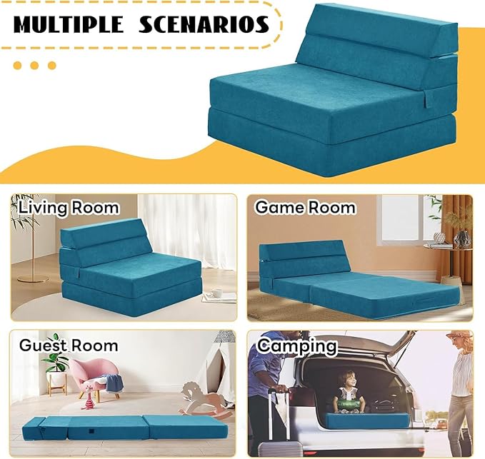 jela Foldable Sofa Bed, Convertible Sleeper Lounge Chair Floor Mattress Floor Couch with Backrest, Fold Out Futon with Washable Miss Fabric Cover for Guest Room, Living Room (83"x33",Teal)-Ruum Studio Home