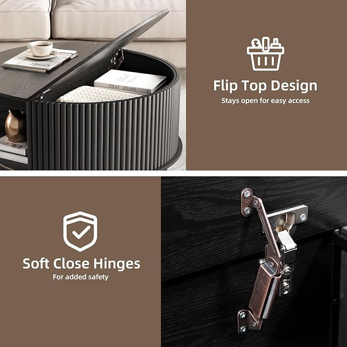 Round Coffee Table with Storage,Mid Century Modern Dining Table with Sliding Cabinet Door for Living Room,Home Small Space,31.5" Small Center Table,Black-Ruum Studio Home