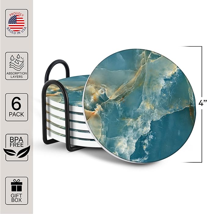 Emerson Coasters for Drinks Absorbent – Natural Stone Drink Coasters Set with Holder, Coasters for Coffee Table, Wooden Tabletop Protection Marble Style – 100% Heavy Duty Set of 6 (Seaside)-Ruum Studio Home