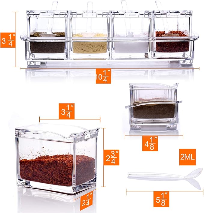 ME.FAN Clear Seasoning Rack Spice Pots - 4 Piece Acrylic Seasoning Box - Storage Container Condiment Jars - Cruet with Cover and Spoon-Ruum Studio Home