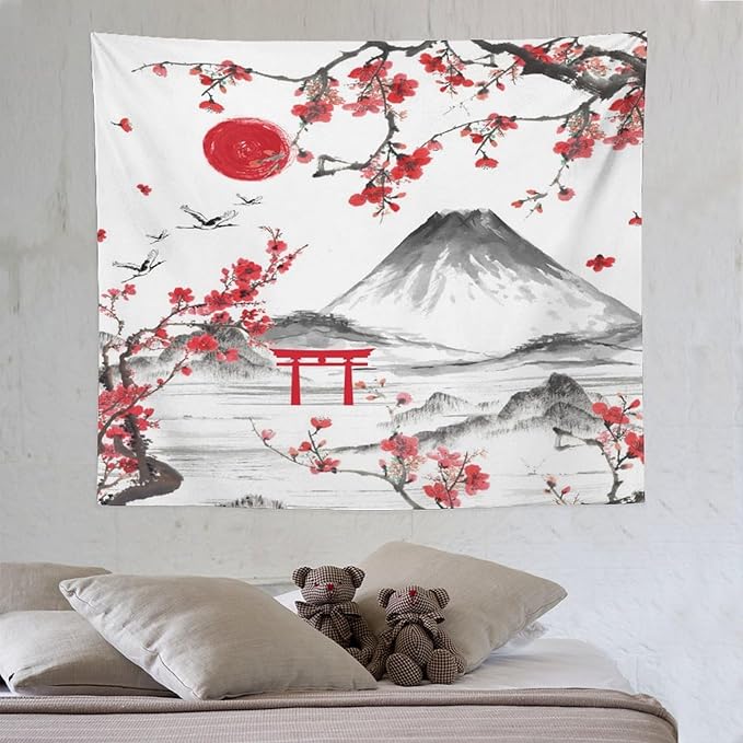 Red Cherry Blossoms Tapestry, Japanese Fuji Mountain Tapestry, Asian Japanese Wall Tapestry, Nature Landscape Tapestries for Bedroom Living Room Decor 60"x50"-Ruum Studio Home