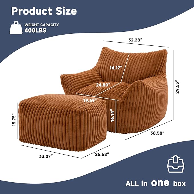 Giant Bean Bag Chairs for Adults, Oversized Chaise Lounge Chair Indoor with Memory Foam - Plush Boneless Lounger & Ottoman for Bedroom, Living Room, Gaming & Reading, Lazy Floor Sofa Chair, Orange-Ruum Studio Home