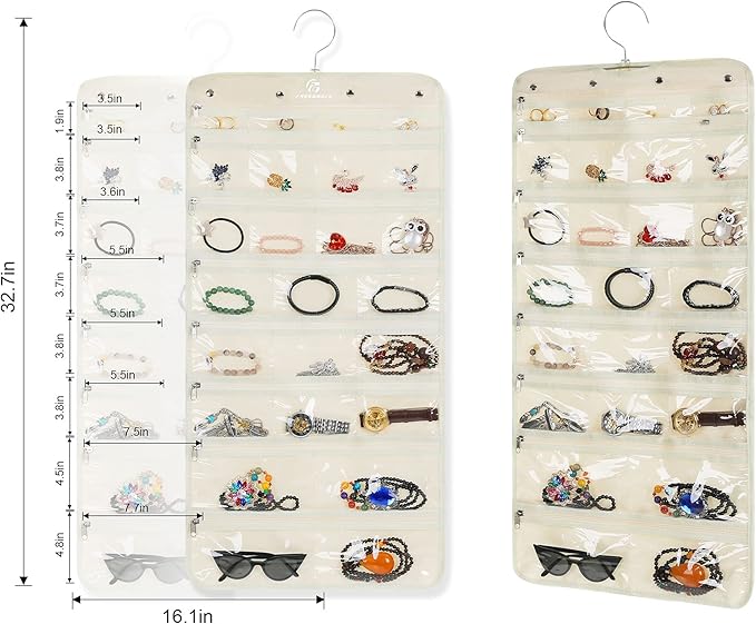 Freegrace Hanging Jewelry Organizer Revolving Hanger - Secure Zipper Closure - 50 Pockets - Foldable Storage & Display Solution - For All Jewelry & Bijoux (Beige)-Ruum Studio Home