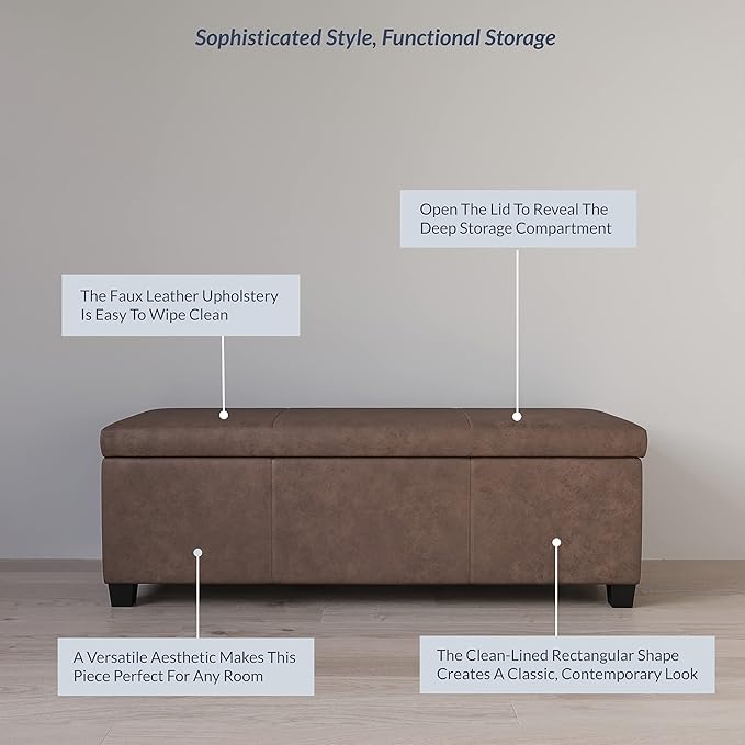 BELLEZE 47 Inch Storage Ottoman, Faux Leather Storage Bench Bedroom Bench with Safety Close Hinge, Ottoman with Storage for Living Room, Entryway, Hallway, Foot Rest, Support 300lbs - Rustic Brown-Ruum Studio Home