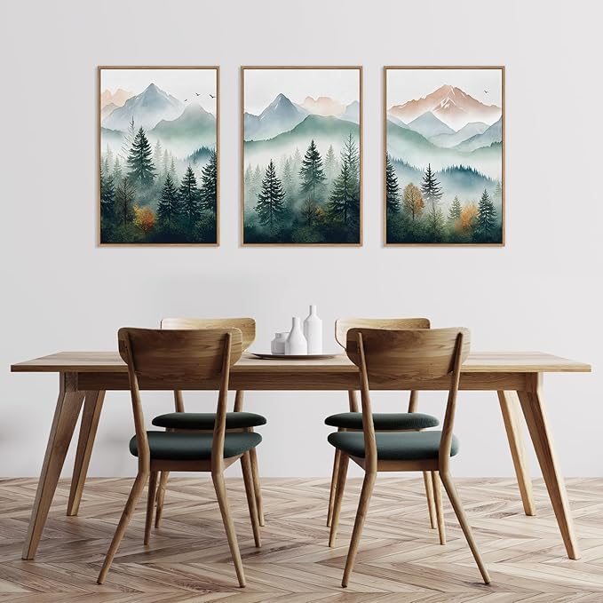 HLNIUC Misty Mountain Forest Framed Wall Art Set,Green Fog Pine Tree Wall Decor,White Foggy Forest Senic Canvas Wall Painting,Fogforest Landscape Art Print for Living Room,Bedroom,Office - 16”x24”x3-Ruum Studio Home
