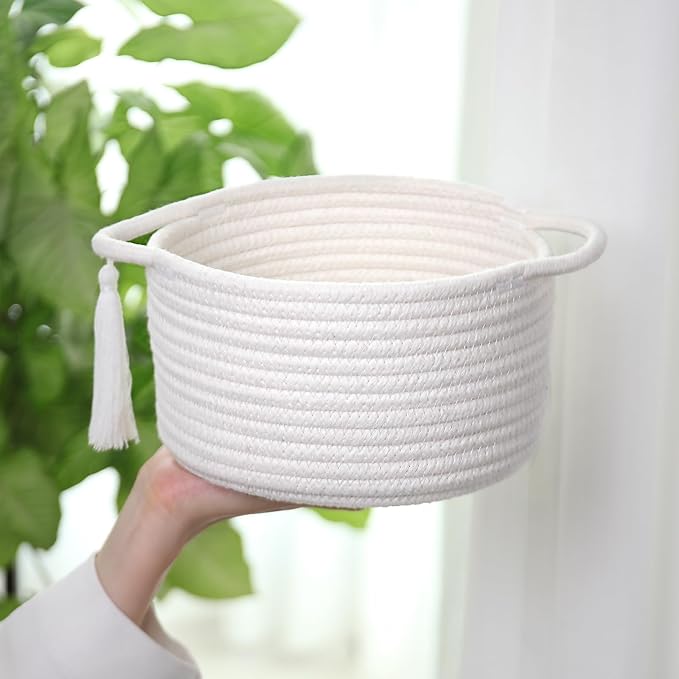 Empty Gift Basket Mini Woven Rope Organizer Baskets for Baby Shower, Vanity, Makeup, Bathroom, Tiny Toys, Desk - Small Decorative Storage Bins - Set of 2, Pre-Shaped, White-Ruum Studio Home