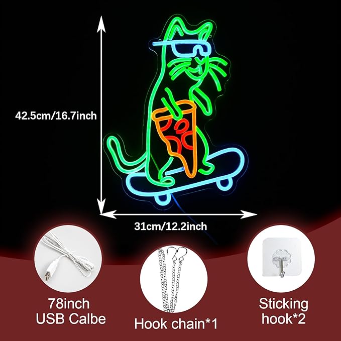 Skateboard Cat Neon Sign LED Cool Glasses Cat Neon Light for Wall Decor Pizza Neon Light Sign Dimmable USB Cat Pizza Light Up Sign for Bedroom Pizza Restaurant Pet Shop Gift (16.7 "*12.2 ")-Ruum Studio Home