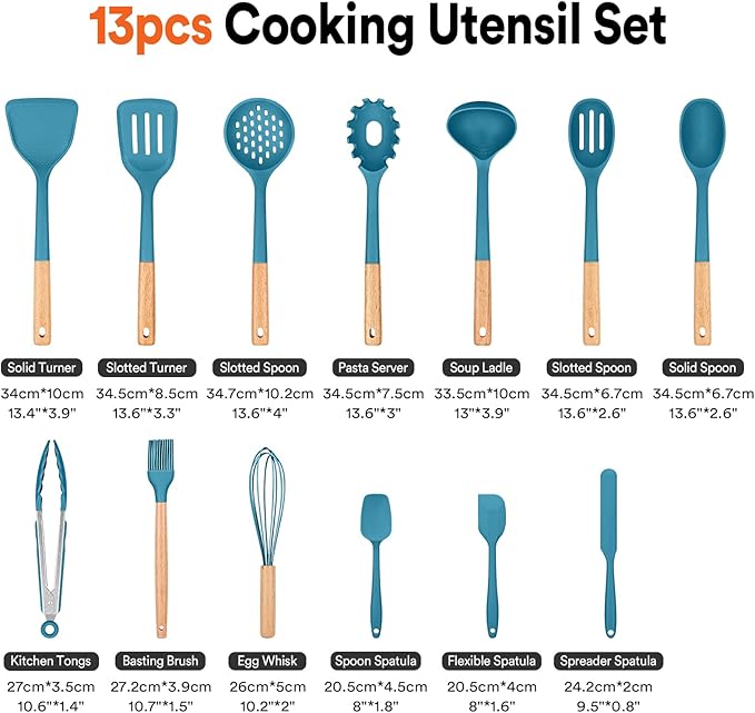 Kitchen Utensils Set, 13PCS Silicone Cooking Utensils, Heat Resistant Kitchen Utensil Spatula Set for Nonstick Cookware, Wooden Handles Kitchen Gadgets Tools Set (BLUE)-Ruum Studio Home