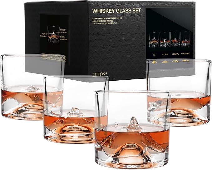 The Peaks Heavy Crystal Whiskey Glasses Gift Set of 4, Thick Freezable Bourbon Glass 1lb Each, Premium Whiskey Gifts for Men, Frozen Crystal Chills Cocktails, 10 oz-Ruum Studio Home