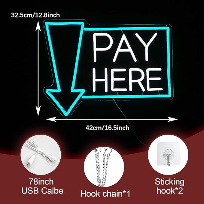 Pay Here Neon Sign Bright Ice Blue White Pay Light Up Sign for Business Decor Dimmable LED Words Neon Light for Restaurant Shop Bar Neon Wall Decor (16.5 * 12.8 In)-Ruum Studio Home