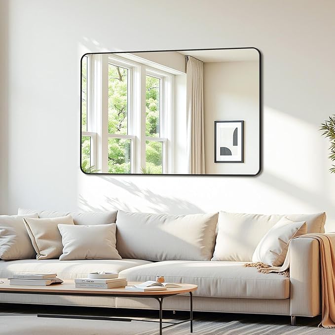 Bathroom Mirror 55" x 36", Large Rectangle Wall Mirror, Black Metal Frame Wall Mounted Mirrors for Bathroom, Vanity, Bedroom, Entryway Decor(Horizontal/Vertical)-Ruum Studio Home