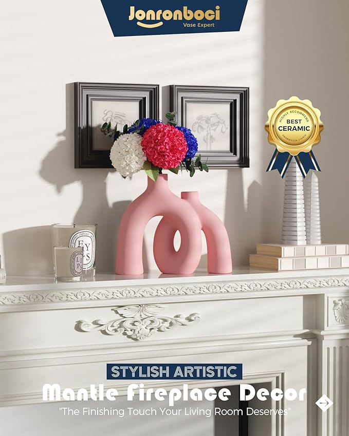 Hug Donut Decorative Vase Set - Light Pink Modern Glam Eclectic Style Vases Home Decor, Matte Ceramic Decorations for Living Room Shelf, Bookshelf Mantle Entryway Table or Console Décor(Pink)-Ruum Studio Home