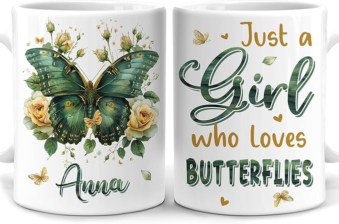 Hyturtle Personalized Floral Butterfly Mug - Butterfly Gifts For Women Lovers - Animal Gift For Bird Lover Her - Bird Gifts For Mom on Mother Day - Custom Name Coffee Cup Ceramic Mug 11 Oz 15 Oz-Ruum Studio Home