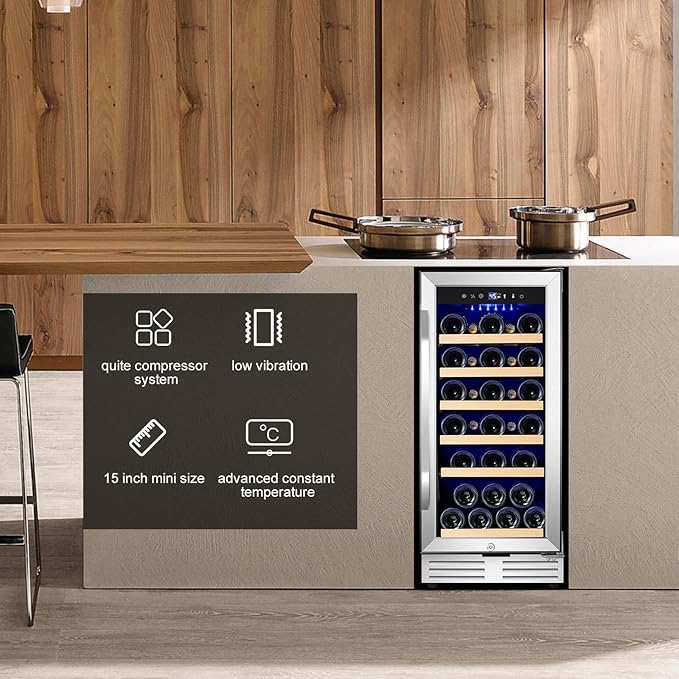 15 Inch Wine Fridge 32 Bottles Wine Cooler Refrigerator Undercounter Wine Fridge with Glass Door, LED Light, Removable Wooden Shelves, Built-in or Freestanding Wine Refrigerator for Home Office Bar-Ruum Studio Home
