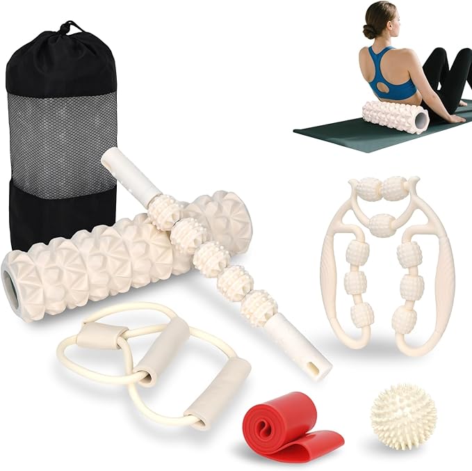 7 in 1 Foam Roller,Products Include Foam shafts,Muscle Roller Bars,Leg Massagers,Fascia Balls,Stretch Bands,8-Shaped Resistance Bands,are Used for Full-Body Relax,Yoga(White Pink Blue) (White)-Ruum Studio Home