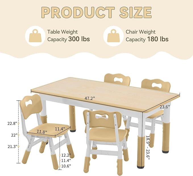 Kids Study Table and Chairs Set, Height Adjustable Toddler Table and Chair Set for Kids Ages 3-8, Graffiti Desktop (Wooden Brown)-Ruum Studio Home