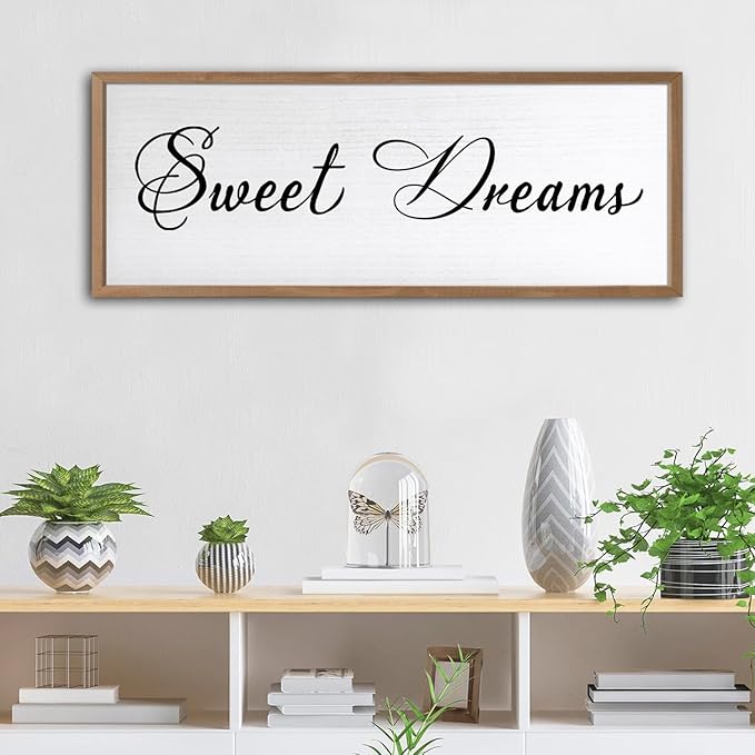 Sweet Dreams Wall Decor Above Bed 40x15 Inch Large Master Bedroom Hanging Wood Rustic Framed Farmhouse Sweet Dreams Sign Guest Room Aesthetic And Minimalist Over Bed Wall Art（Wood White）-Ruum Studio Home