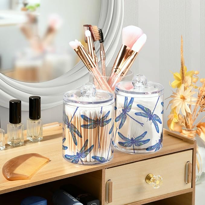 2 Pack Qtip Holder Organizer Dispenser Dragonflies Bathroom Storage Canister Cotton Ball Holder Container for Cotton Swabs/Pads/Floss-Ruum Studio Home